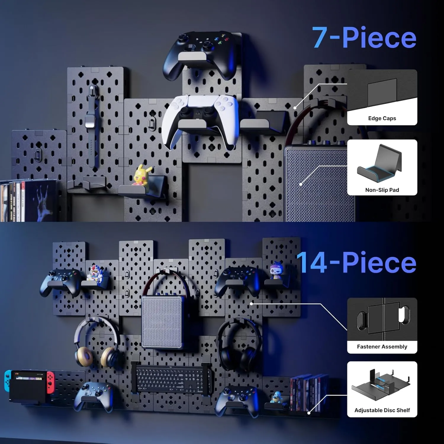 PEGZONE Controller and Headphone Holder Wall Mount, Modular Gaming Pegboard with Accessories, Controller Stand for Xbox PS5 PS4 Switch, Video Game Storage, Disc Shelf Organizer, 7pcs Pegboard, Black