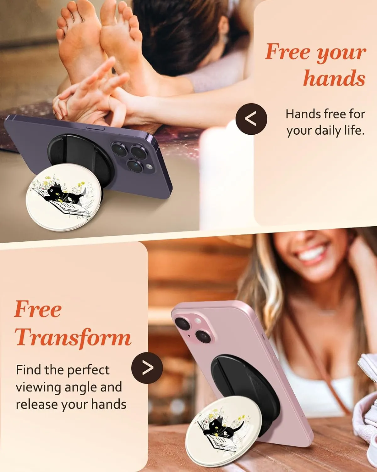Phone Grip Compatible with Magsafe - Women Girls Phone Ring Holder Grip Stand Finger Grip Kickstand Cute Girly Kawaii Cat Compatible with Magsafe Accessories for iPhone 16/15/14/13/12 Series
