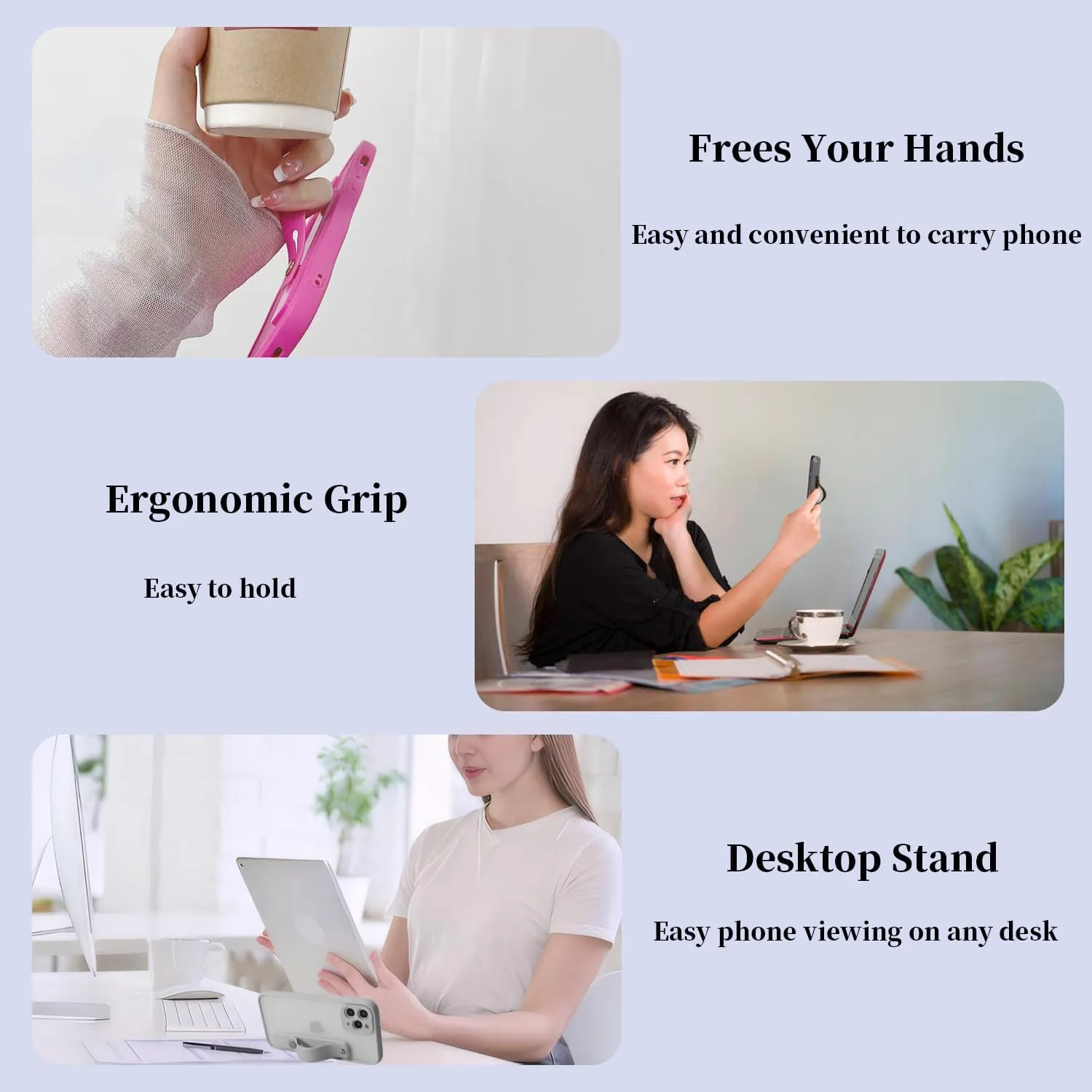 Phone Grips Strap Holder for Hand Grip, Adhesive Cellphone Case Accessories Sticky Gripper Handle Holders for Back of Phone with Finger Loop for Kindle, iPhone, iPad - 4 x Grey, Black, White