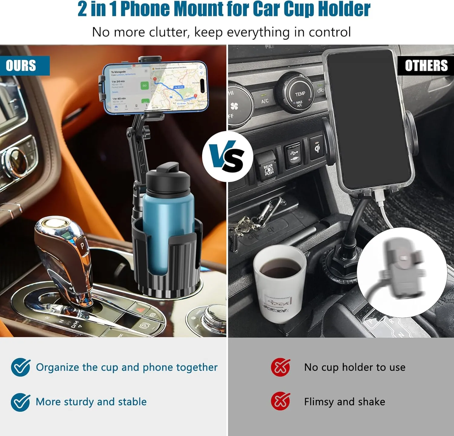 Phone Holders for Your Car Cupholder, Car Cell Phone Mount with Cup Holder Expandable Base, 2 in 1 Car Phone Holder Mount, 360 Degree Rotating Neck, Fits All 4-7 Smartphones and Most Bottles, 1 Pack