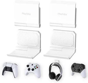 PlayVital FOLD Controller Holder Wall for PS5 PS4 Xbox Switch Pro Headset, 2 Pack Universal Storage Organizer Gaming Controller Stand Headphone Mount - Foldable Anti-slip Adhesive Removable, White
