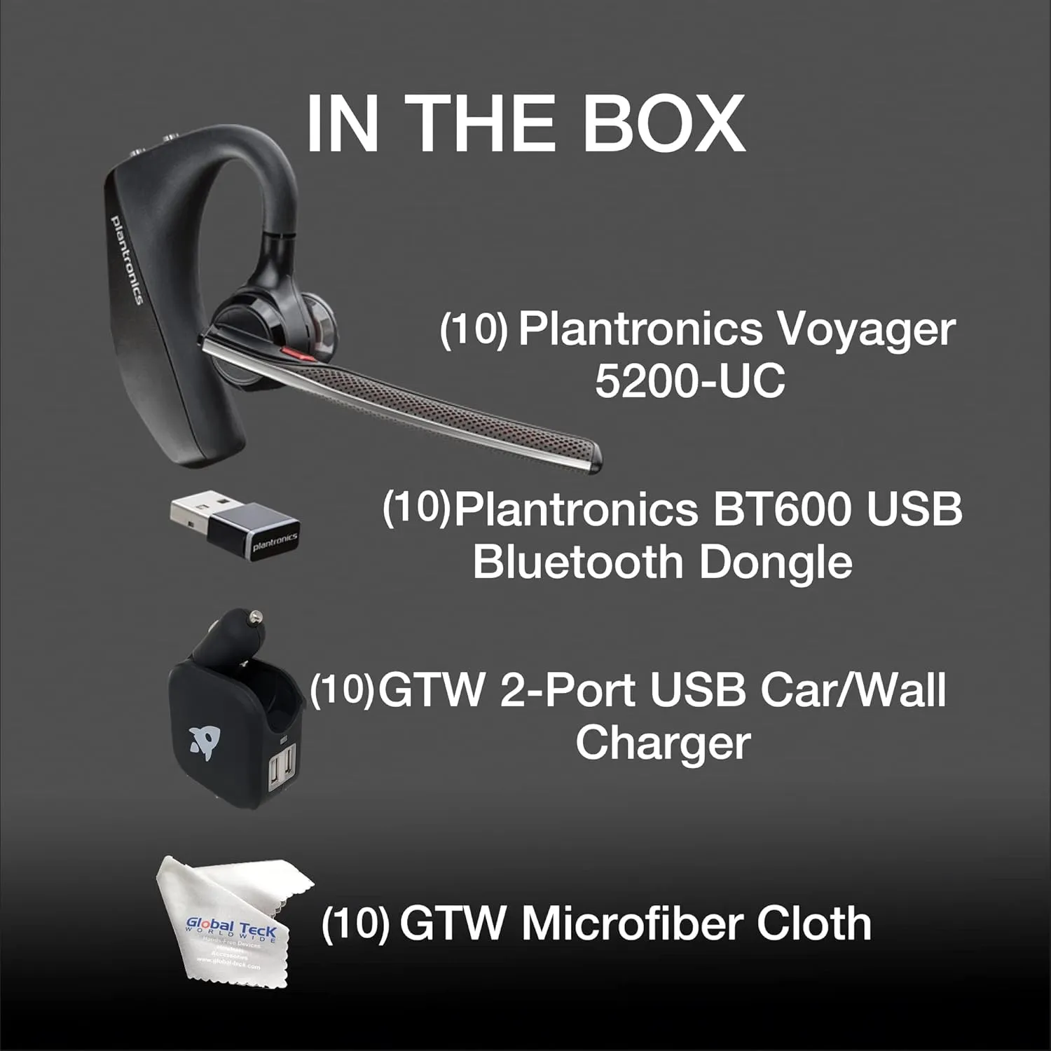 Poly Plantronics Voyager 5200 UC Bluetooth Wireless Headset Bundles - Carton of 10 - Wall Chargers, USB Dongles, Charging Cases, for Road Warriors, Hybrid Worker and Noisy Environments