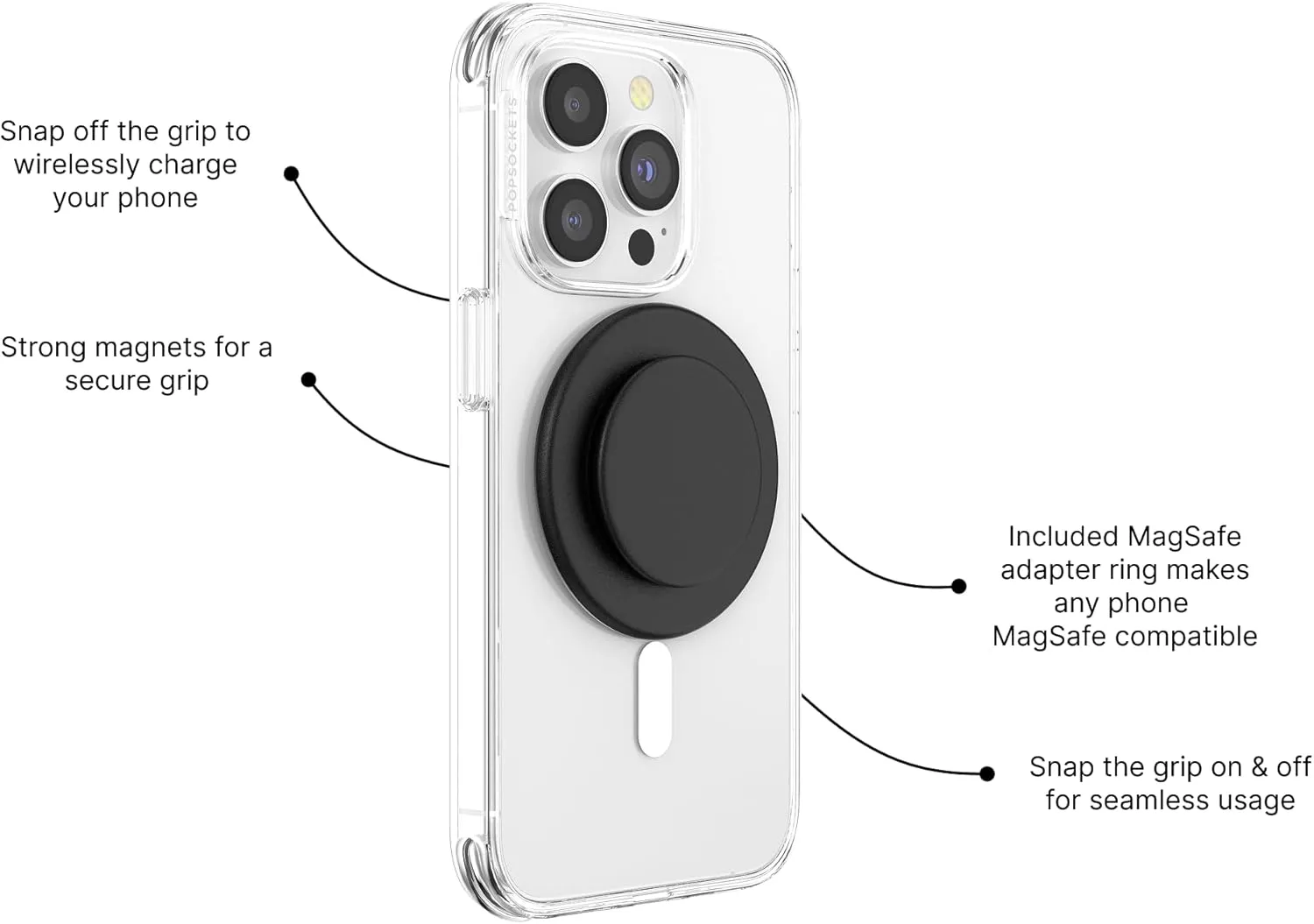 PopSockets Round Phone Grip Compatible with MagSafe, Adapter Ring Included, Phone Holder, Wireless Charging Compatible - Black