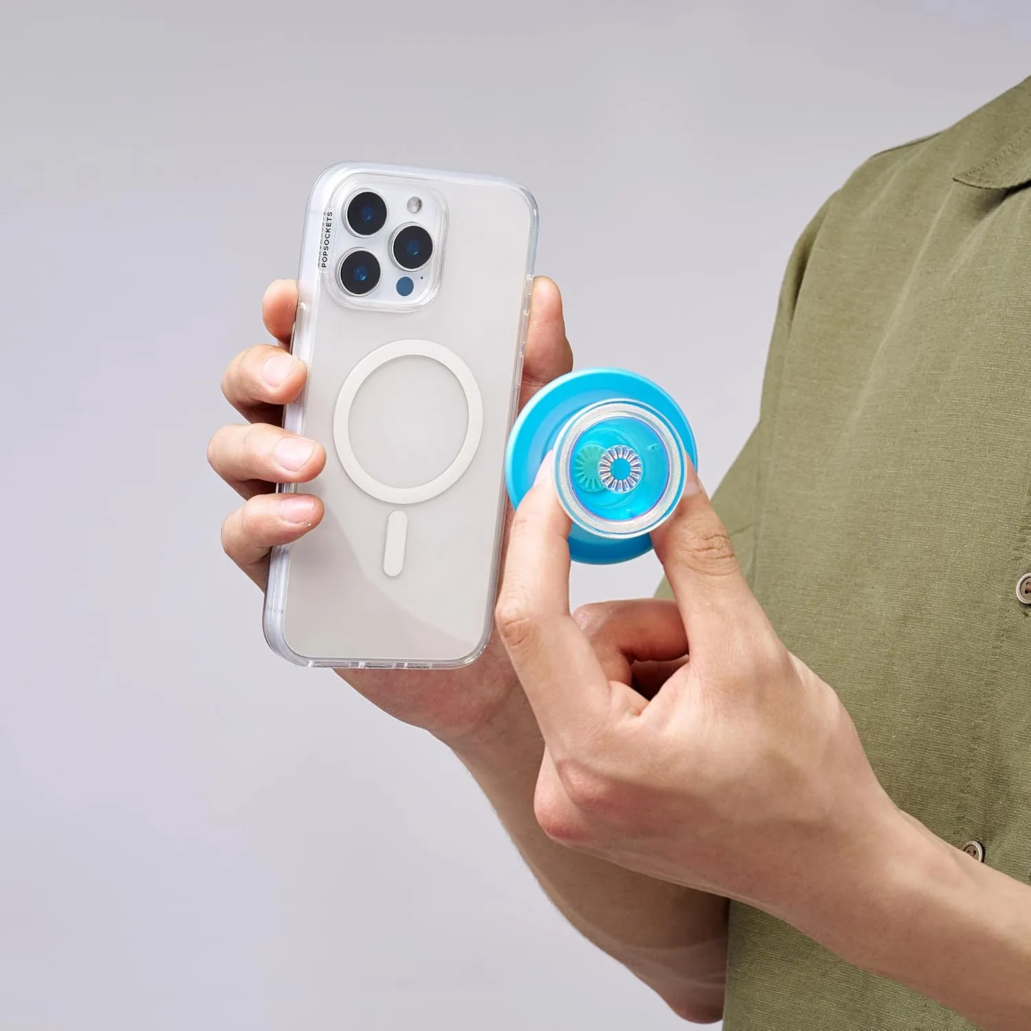 PopSockets Round Phone Grip Compatible with MagSafe, Adapter Ring Included, Phone Holder, Wireless Charging Compatible - Blue Opalescent