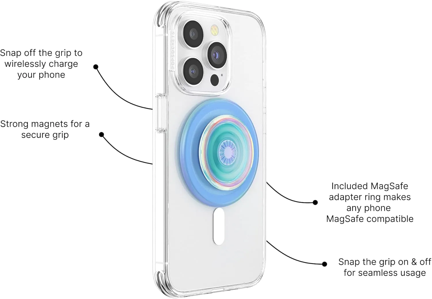 PopSockets Round Phone Grip Compatible with MagSafe, Adapter Ring Included, Phone Holder, Wireless Charging Compatible - Blue Opalescent