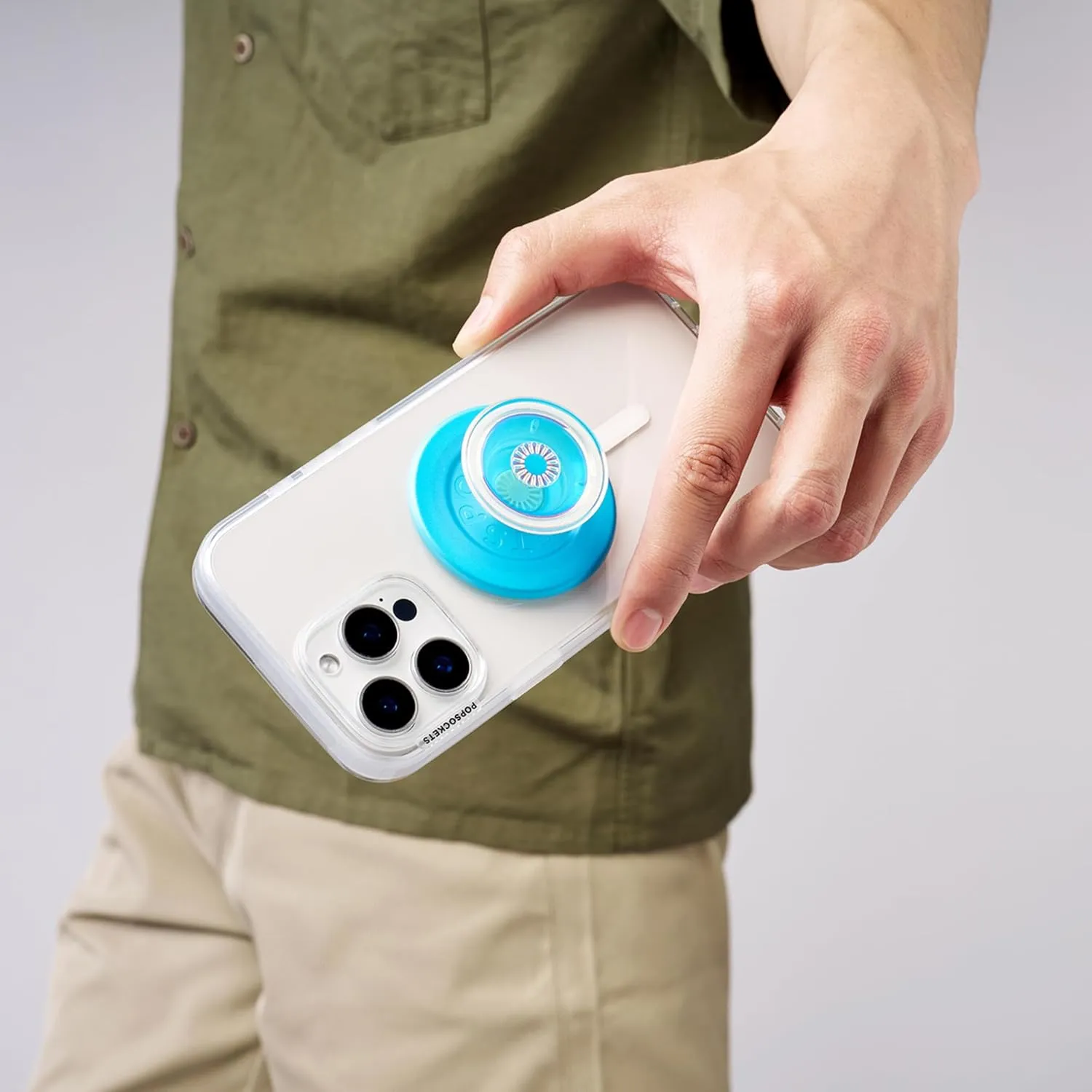 PopSockets Round Phone Grip Compatible with MagSafe, Adapter Ring Included, Phone Holder, Wireless Charging Compatible - Blue Opalescent