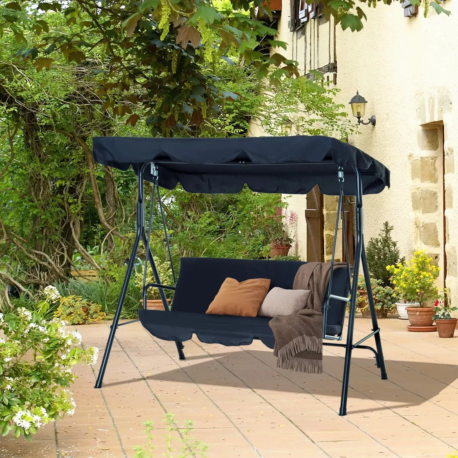 Porch Swing with Stand, Comfortable 3-Person Swing, Adjustable Canopy