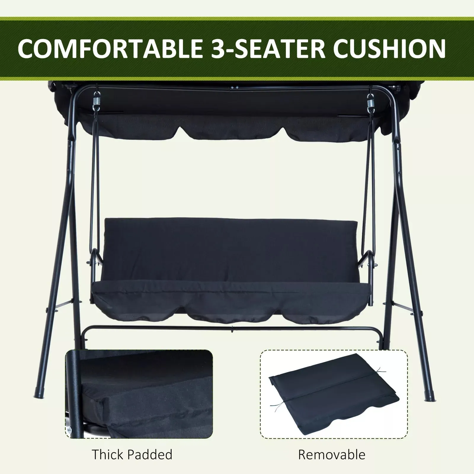 Porch Swing with Stand, Comfortable 3-Person Swing, Adjustable Canopy
