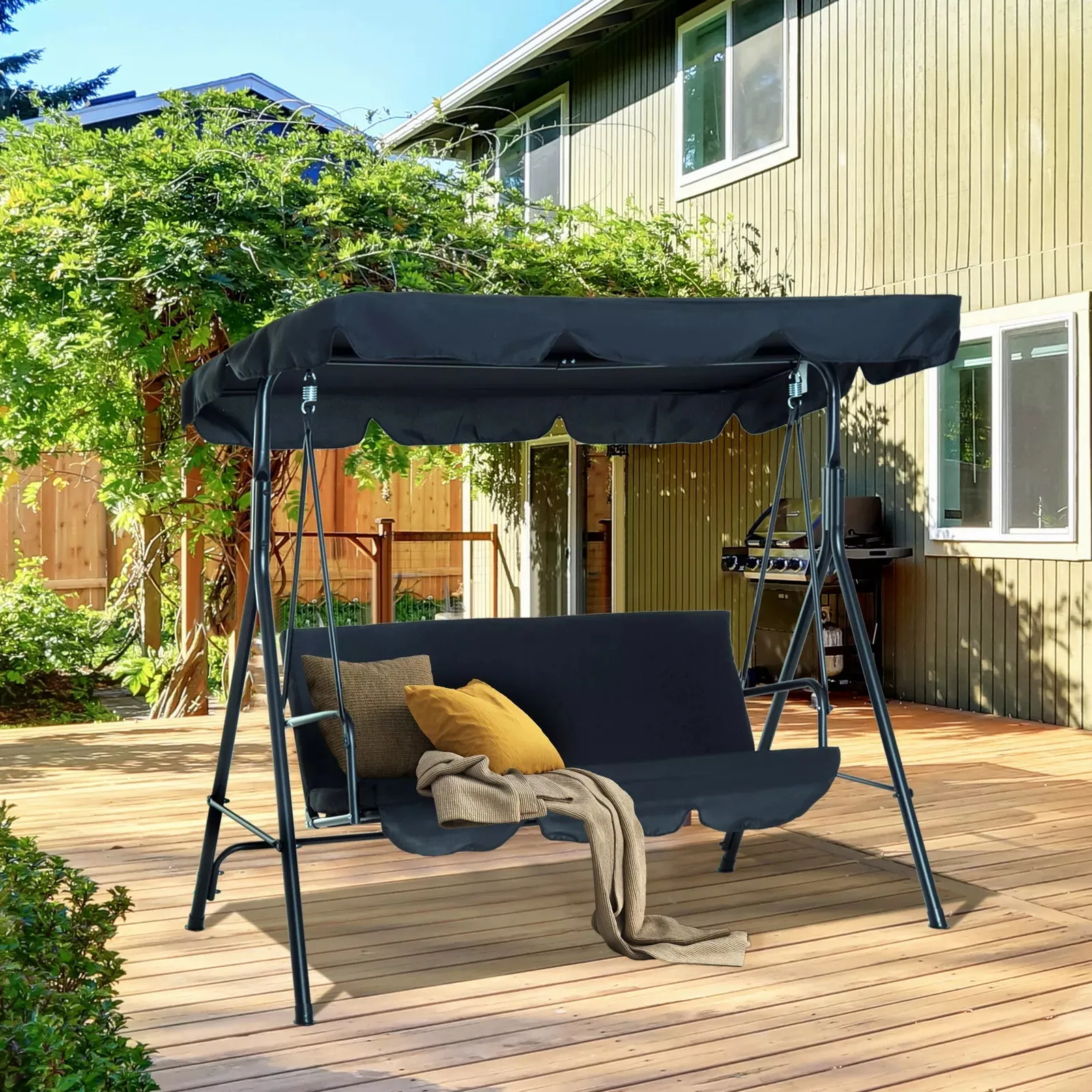 Porch Swing with Stand, Comfortable 3-Person Swing, Adjustable Canopy