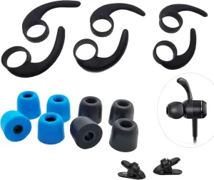 Premium Memory Foam Earbuds Tips Replacement - 4 Pairs (M), 3 Pairs (LMS) Wing Tips Silicone Earphone Stabilizer Rubber Ear Hooks - 2 Pcs Cord Clips