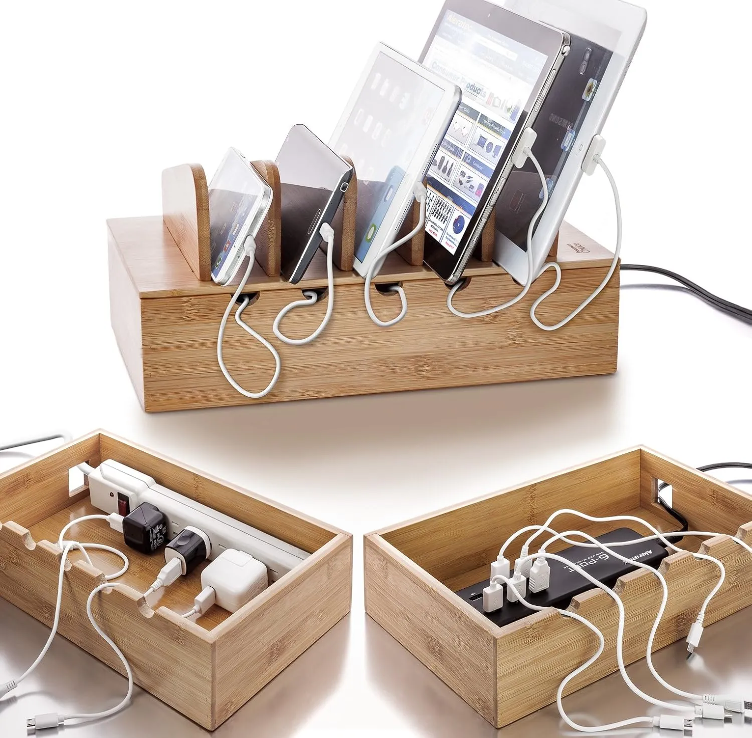 Prosumer's Choice Wooden Charging Station Organizer - 5-Port Base for Phones, Tablets and Laptops - Multi-Device Docking Station with Removable Divider Slots - Cord Box with Cable Management - Bamboo