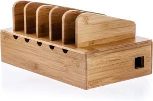 Prosumer's Choice Wooden Charging Station Organizer - 5-Port Base for Phones, Tablets and Laptops - Multi-Device Docking Station with Removable Divider Slots - Cord Box with Cable Management - Bamboo
