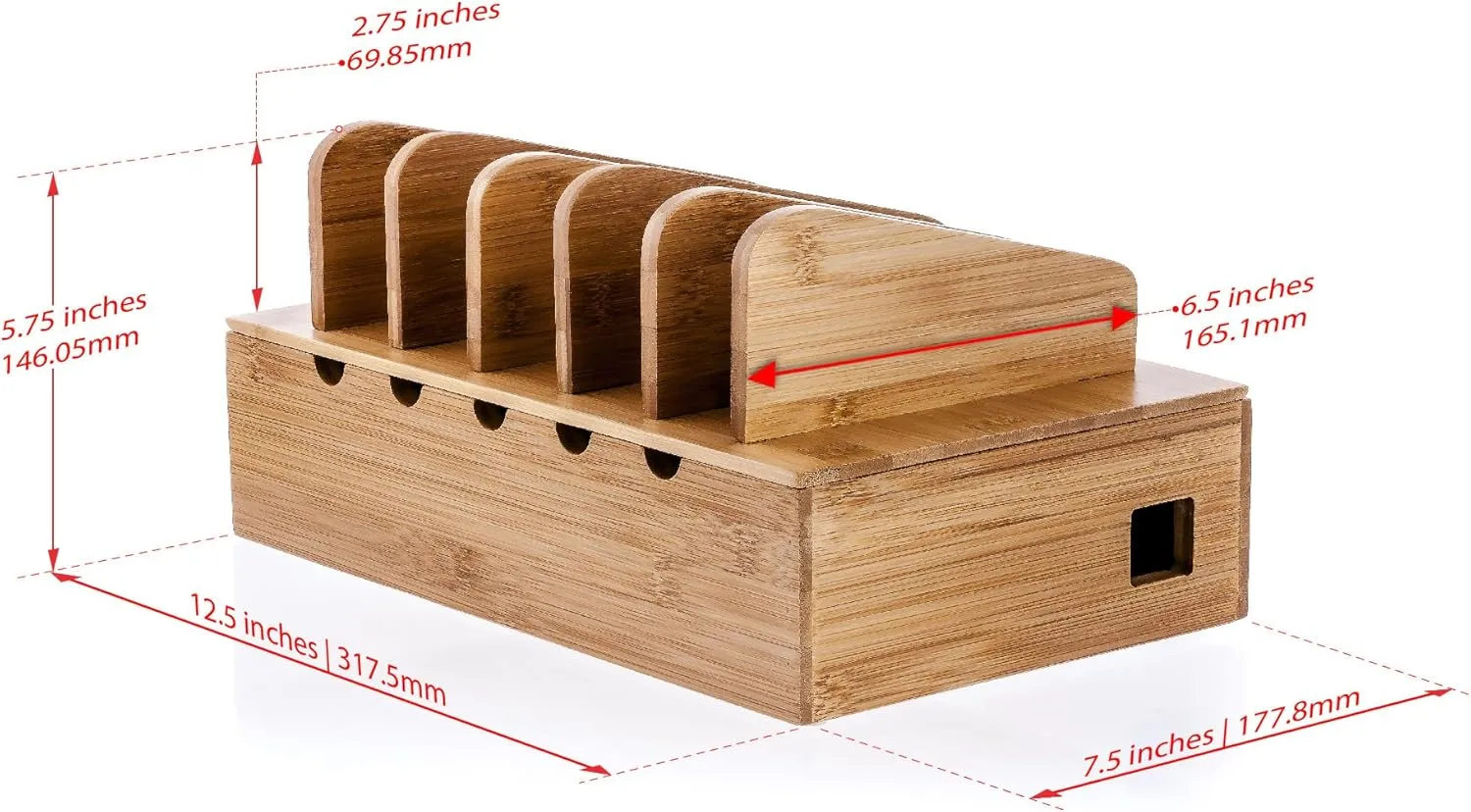 Prosumer's Choice Wooden Charging Station Organizer - 5-Port Base for Phones, Tablets and Laptops - Multi-Device Docking Station with Removable Divider Slots - Cord Box with Cable Management - Bamboo