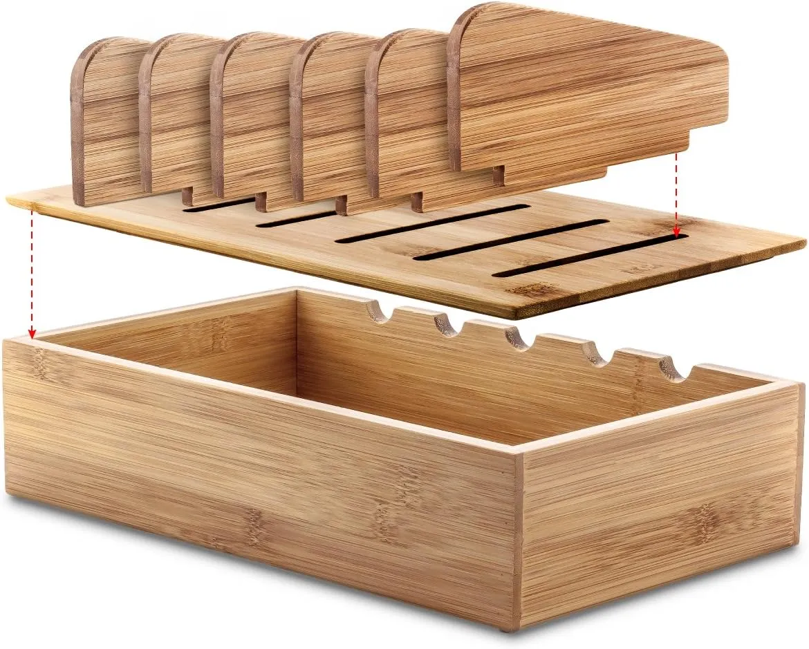 Prosumer's Choice Wooden Charging Station Organizer - 5-Port Base for Phones, Tablets and Laptops - Multi-Device Docking Station with Removable Divider Slots - Cord Box with Cable Management - Bamboo