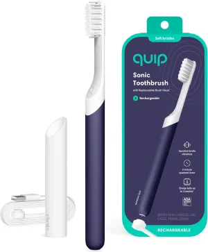 Quip Rechargeable Sonic Toothbrush for Adults - Timed Electric Toothbrush with Cover - Replaceable Brush Head, Soft Bristles, Plastic Handle - Travel Toothbrush - Midnight