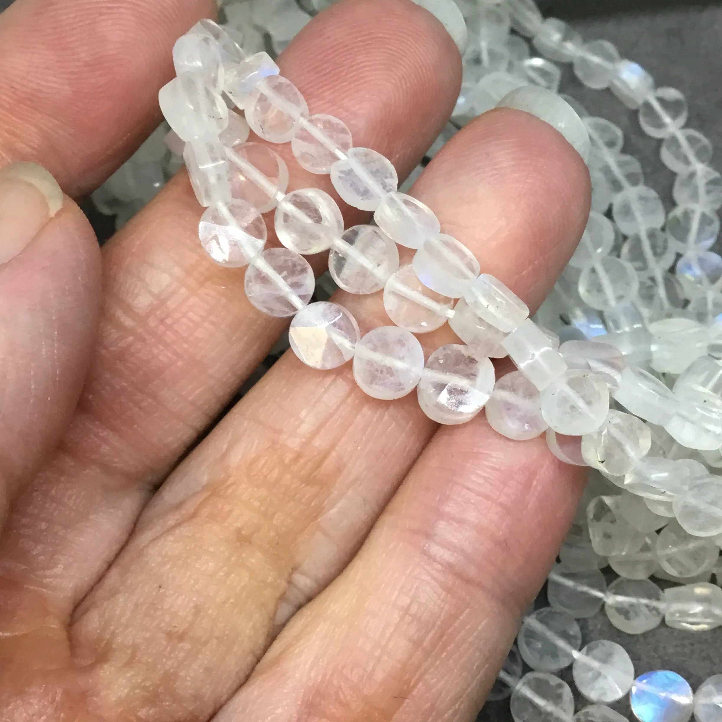Rainbow Moonstone Faceted Coin Shaped Beads | Iridescent Milky White Gemstone Beads – 6mm | Jewelry Strand