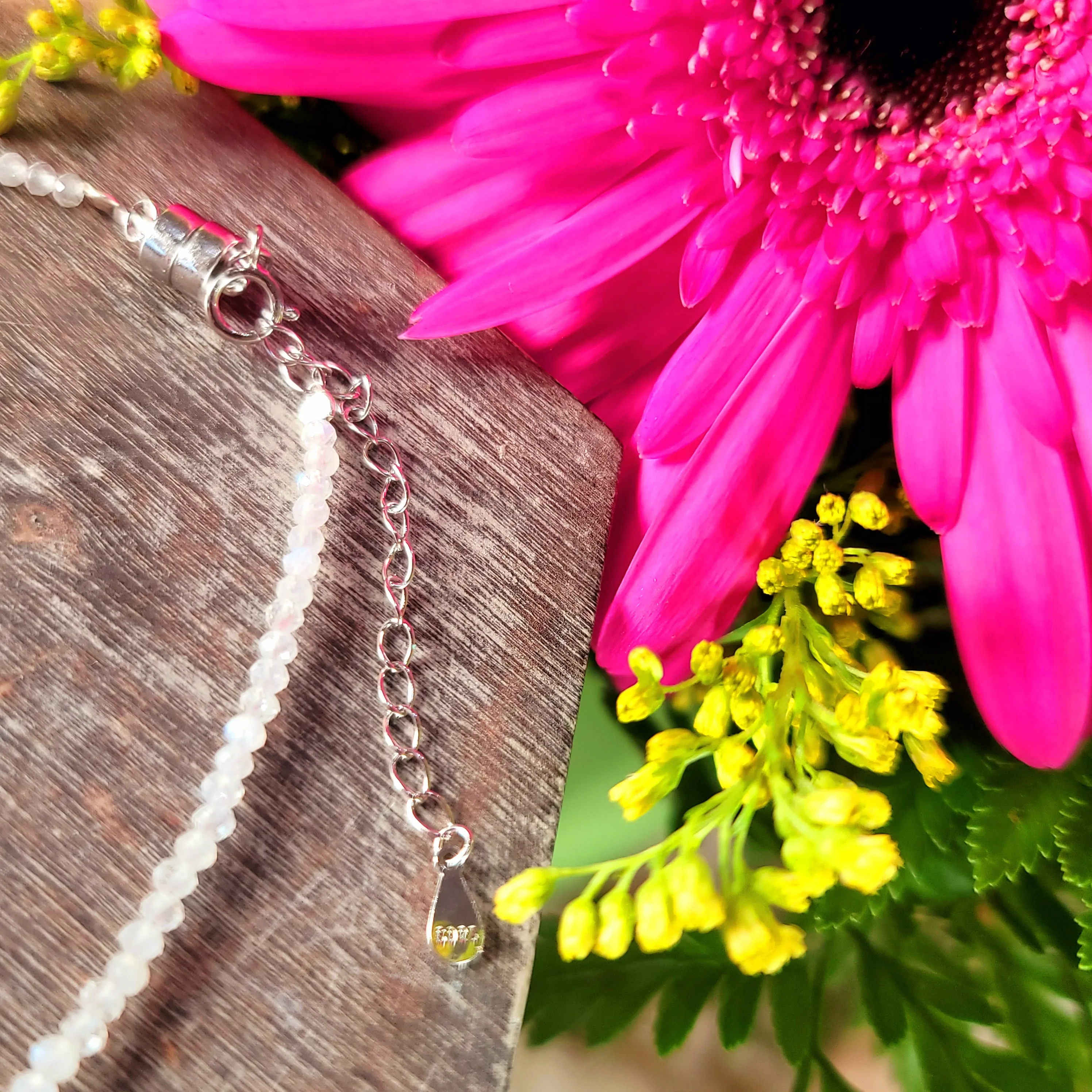 Rainbow Moonstone Micro Faceted Anklet .925 Silver for New Beginnings and Divine Connection