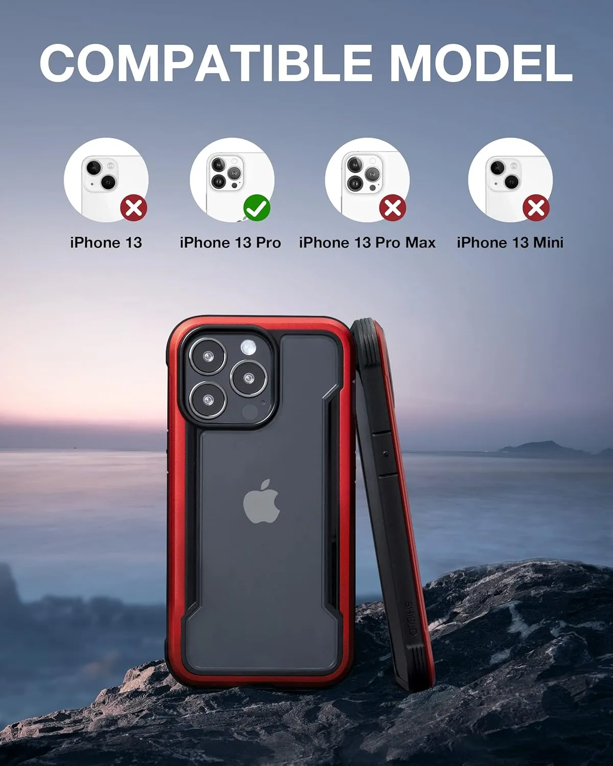 RAPTIC Shield Crystal Clear Case for iPhone 13 Pro, [5X Mil-Grade Drop Protection], [Not Yellowing Tech], Durable Anodized Shockproof Aluminum Frame Slim 13 Pro Case, 6.1 inch, Red