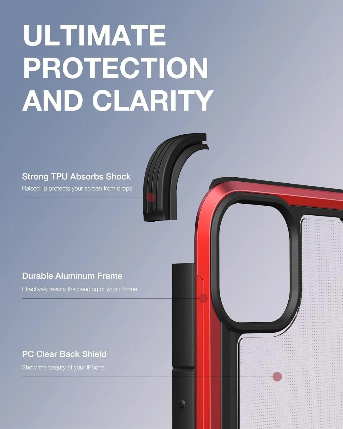 RAPTIC Shield Crystal Clear Case for iPhone 13 Pro, [5X Mil-Grade Drop Protection], [Not Yellowing Tech], Durable Anodized Shockproof Aluminum Frame Slim 13 Pro Case, 6.1 inch, Red