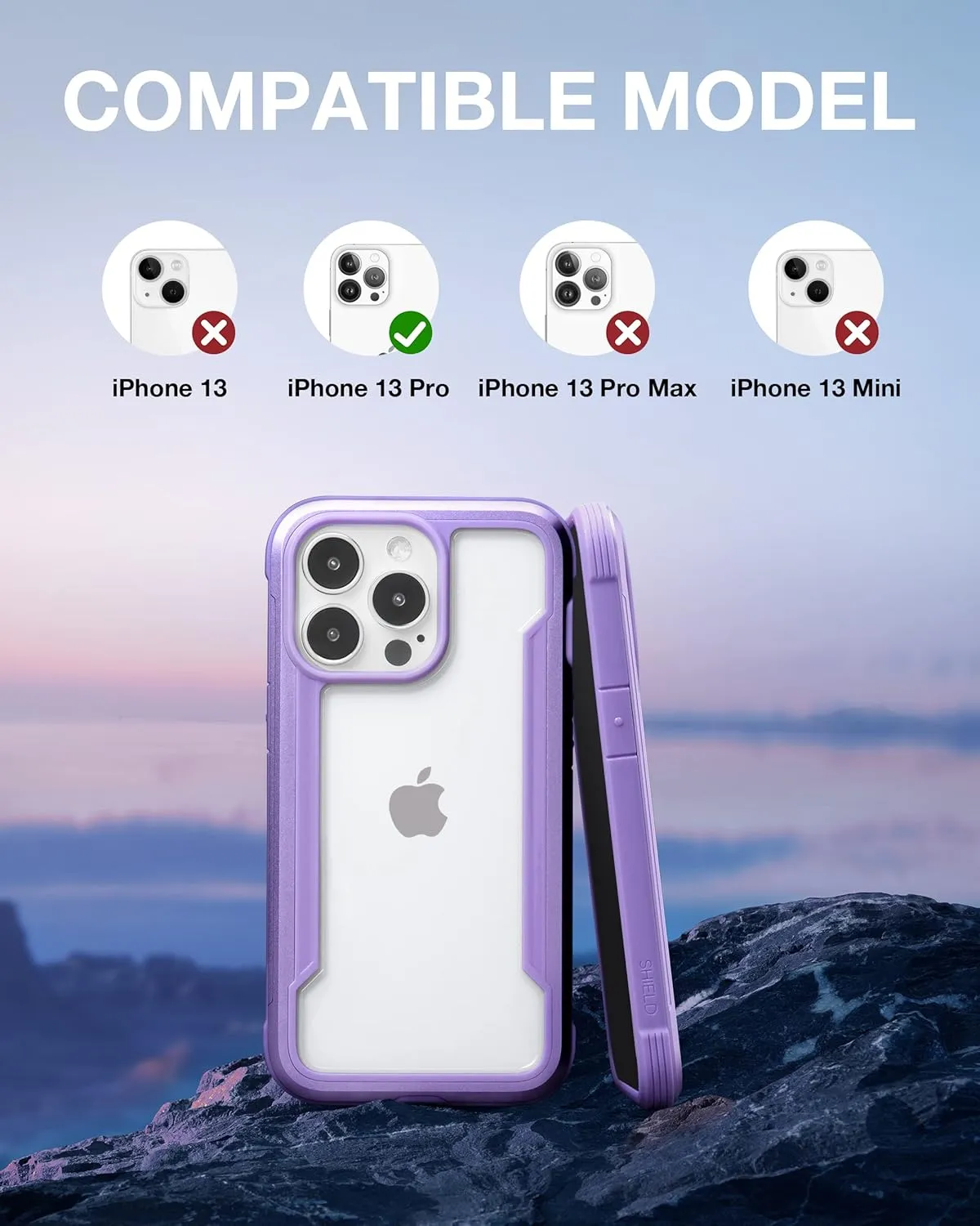 RAPTIC Shield for iPhone 13 Pro - Shockproof Clear Case, Military 10ft Drop Tested, Durable Aluminum Frame, Anti-Yellowing Technology, Purple