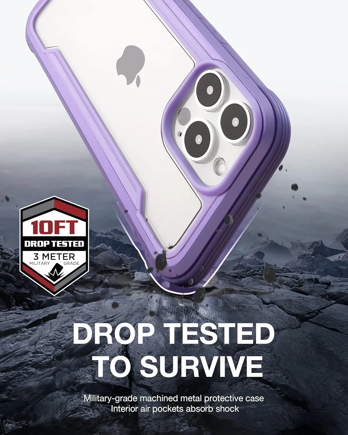 RAPTIC Shield for iPhone 13 Pro - Shockproof Clear Case, Military 10ft Drop Tested, Durable Aluminum Frame, Anti-Yellowing Technology, Purple