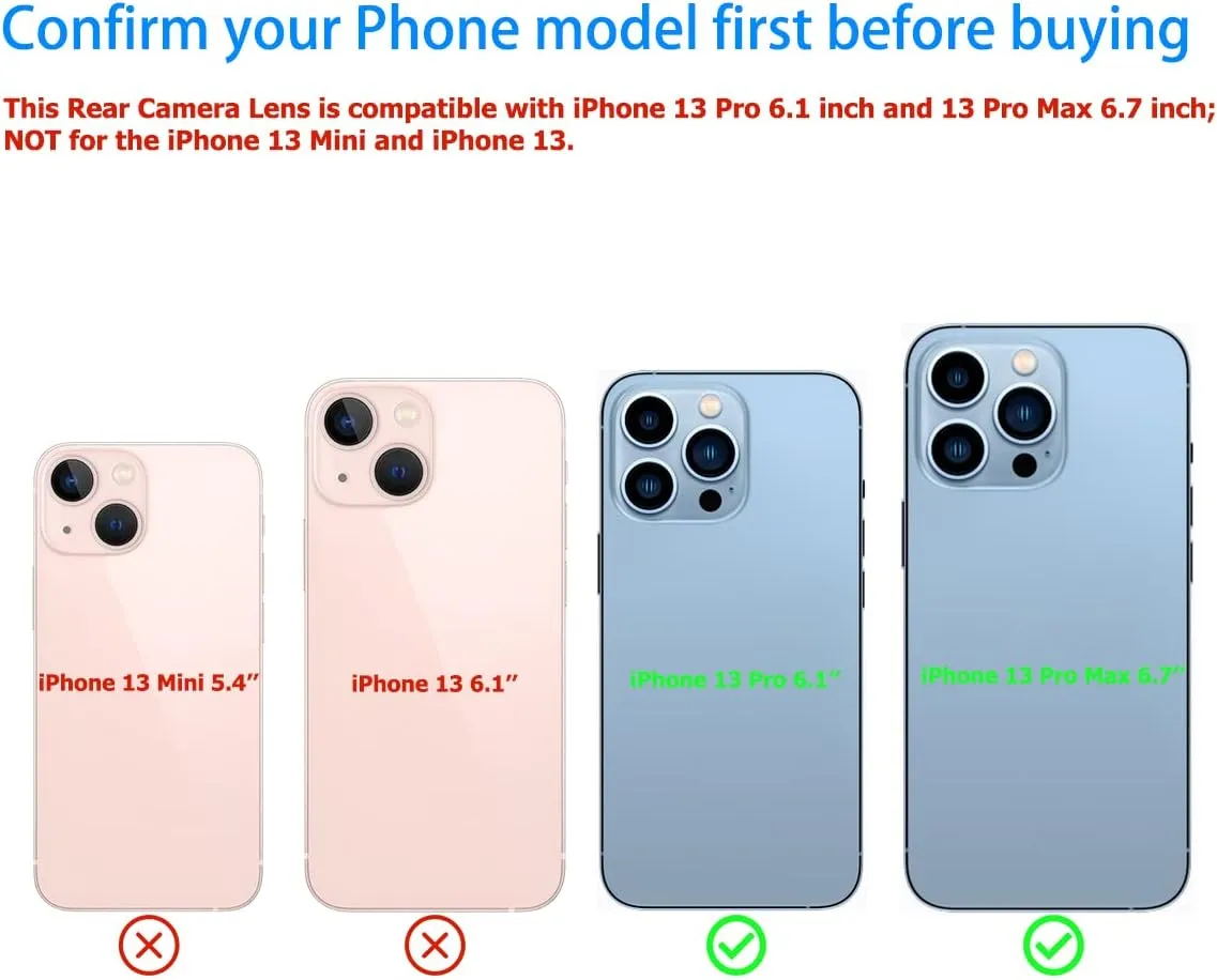 Rear Camera Lens Replacement with Pre-Installed Adhesive and Repair Toolkit for iPhone 13 Pro 6.1 Inch & iPhone 13 Pro Max 6.7 Inch