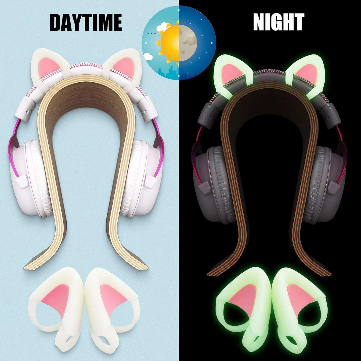 REEYEAR Glow in Night Cute Cat Ears Fits for HypreX Cloud/Cloud Stinger/Cloud Flight Headsets, Universal Fit Lovely Kitty Adjustable Attachment Straps for Gaming Headphone,Light Yellow&Pink