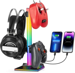 RGB Headphone Stand Cool Gaming Controller Holder with 3 Charging Ports 10 Lights Modes Touch Control Switch Sturdy Base Simple to Set Up Elegant Organizer for Video Gamers PC Room