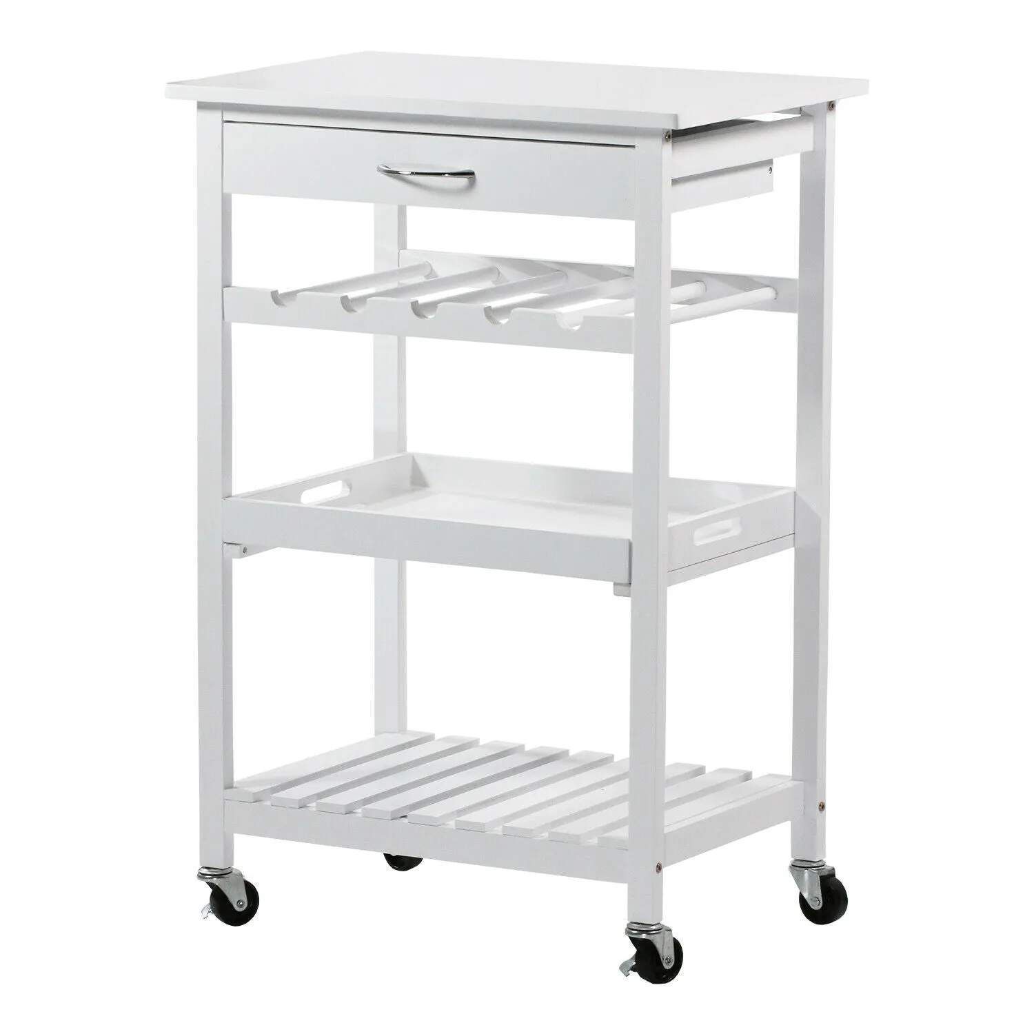Rolling Bar Cart with Wine Bottle Holders and Removable Serving Tray