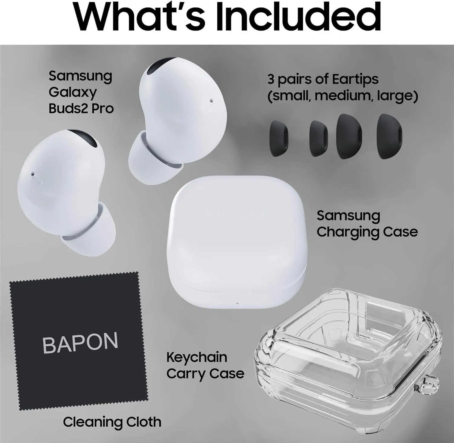 Samsung Galaxy Buds2 Pro Bundle with Keychain Carry Case - Samsung Earbuds Wireless, Noise Cancelling, Hi Fi Sound, Comfort Ear Fit, HD Voice, Conversation Mode, IPX7 Rated (White)