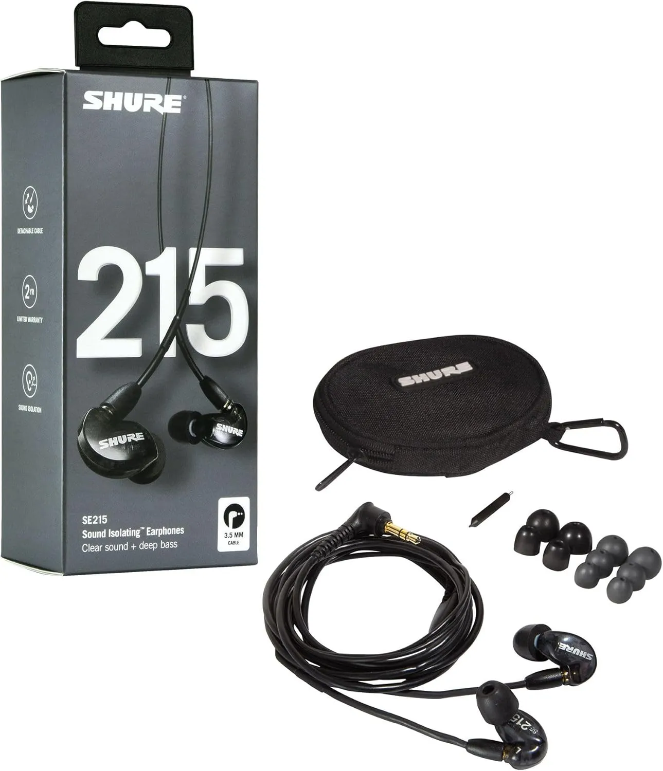 Shure SE215 PRO Wired Earbuds - Professional Sound Isolating Earphones, Clear Sound & Deep Bass, Single Dynamic MicroDriver, Secure Fit in Ear Monitor, Plus Carrying Case & Fit Kit - Black (SE215-K)