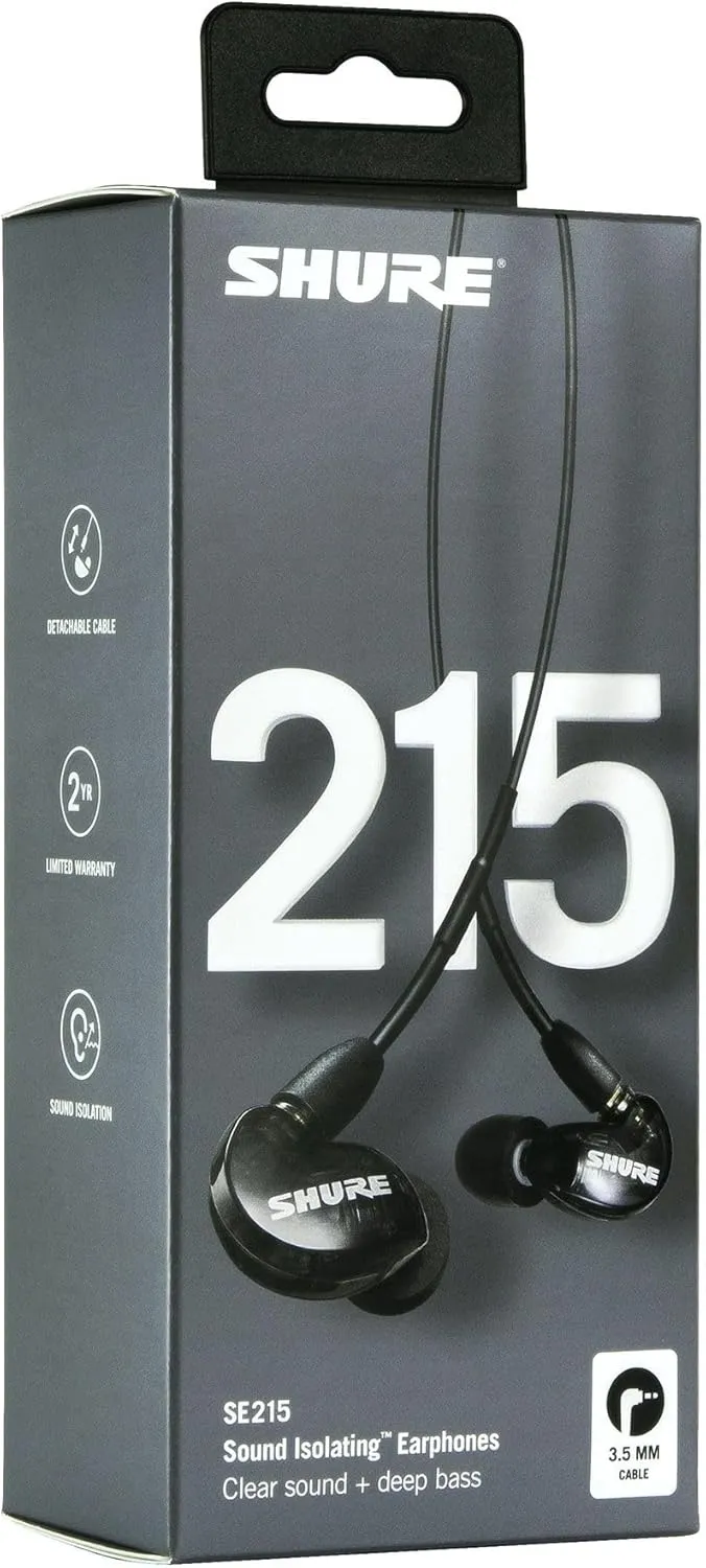 Shure SE215 PRO Wired Earbuds - Professional Sound Isolating Earphones, Clear Sound & Deep Bass, Single Dynamic MicroDriver, Secure Fit in Ear Monitor, Plus Carrying Case & Fit Kit - Black (SE215-K)