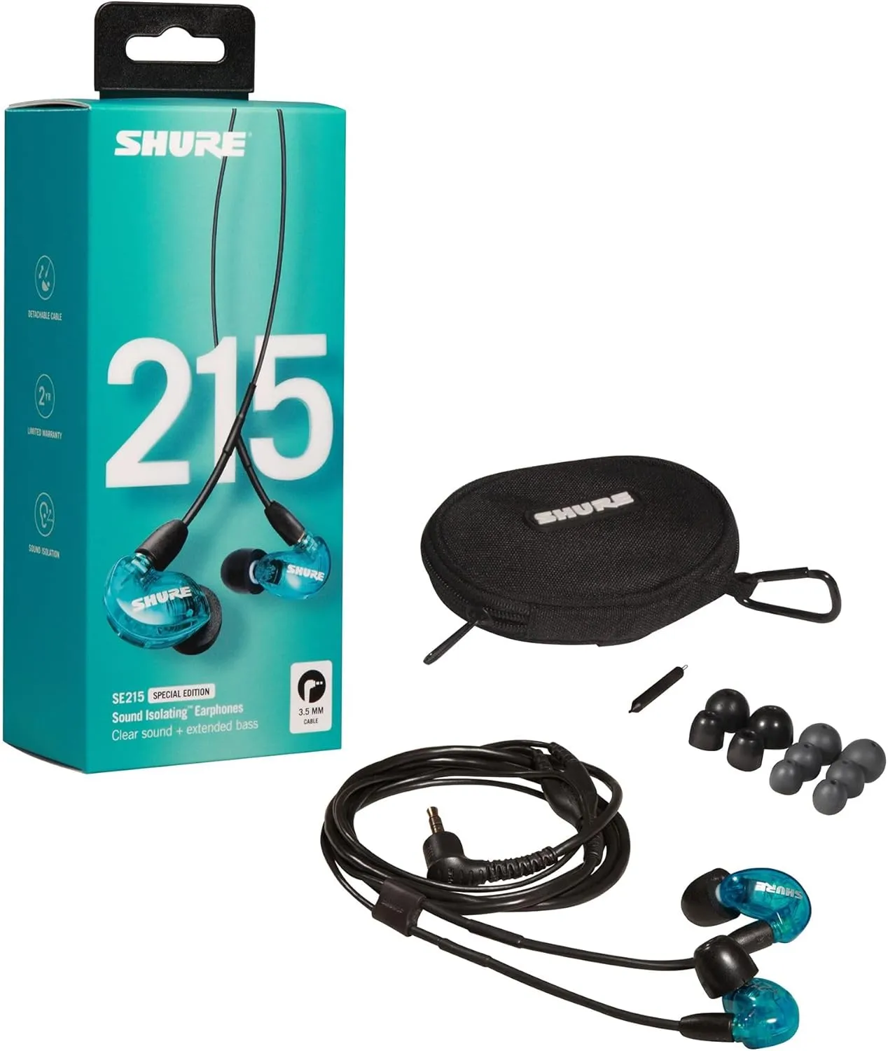 Shure SE215 PRO Wired Earbuds - Professional Sound Isolating Earphones, Clear Sound & Deep Bass, Single Dynamic MicroDriver, Secure Fit In Ear Monitor, plus Carrying Case & Fit Kit - Blue (SE215SPE)