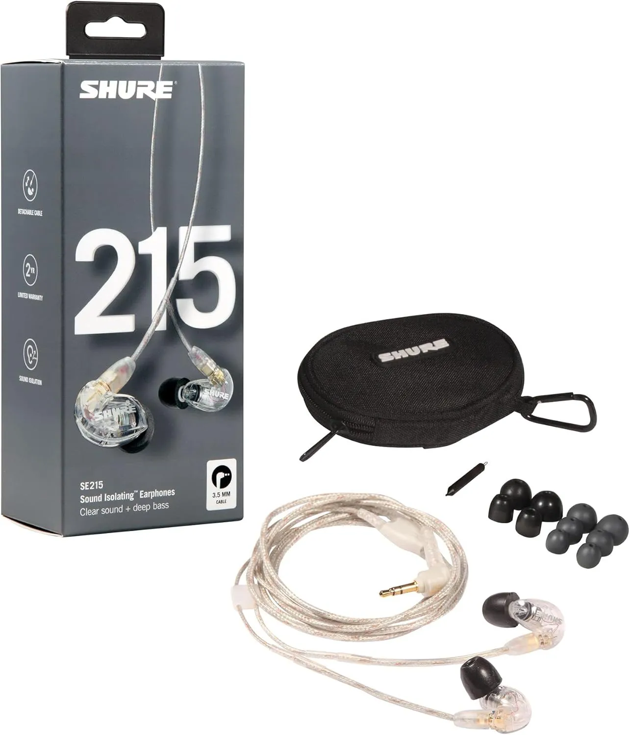 Shure SE215 PRO Wired Earbuds - Professional Sound Isolating Earphones, Clear Sound & Deep Bass, Single Dynamic MicroDriver, Secure Fit in Ear Monitor, Plus Carrying Case & Fit Kit - Clear (SE215-CL)