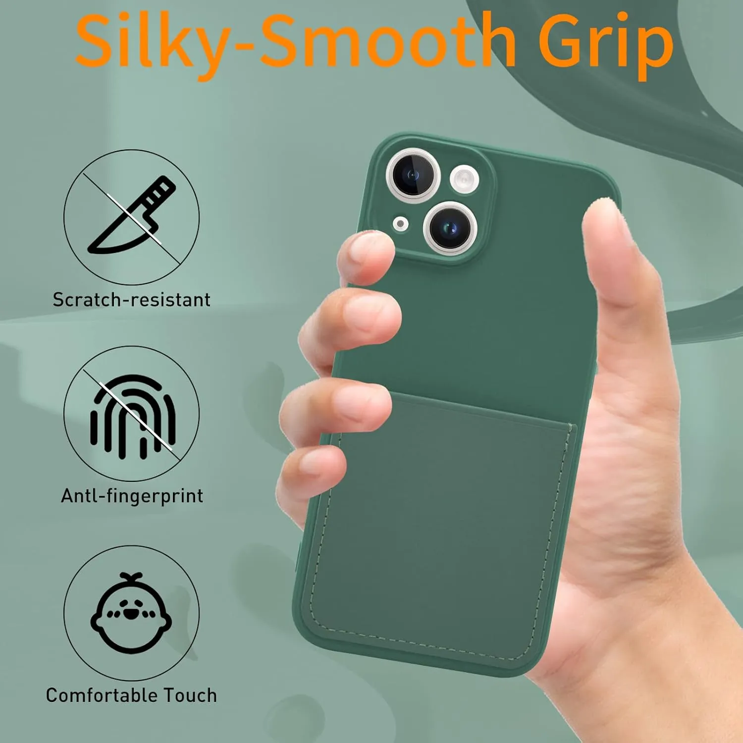 Silicone Wallet Phone Case for iPhone 14 6.1 Inch with Credit Card Holder Pocket, Full-Body Bumper Protection Camera Protect Case (Dark Green)