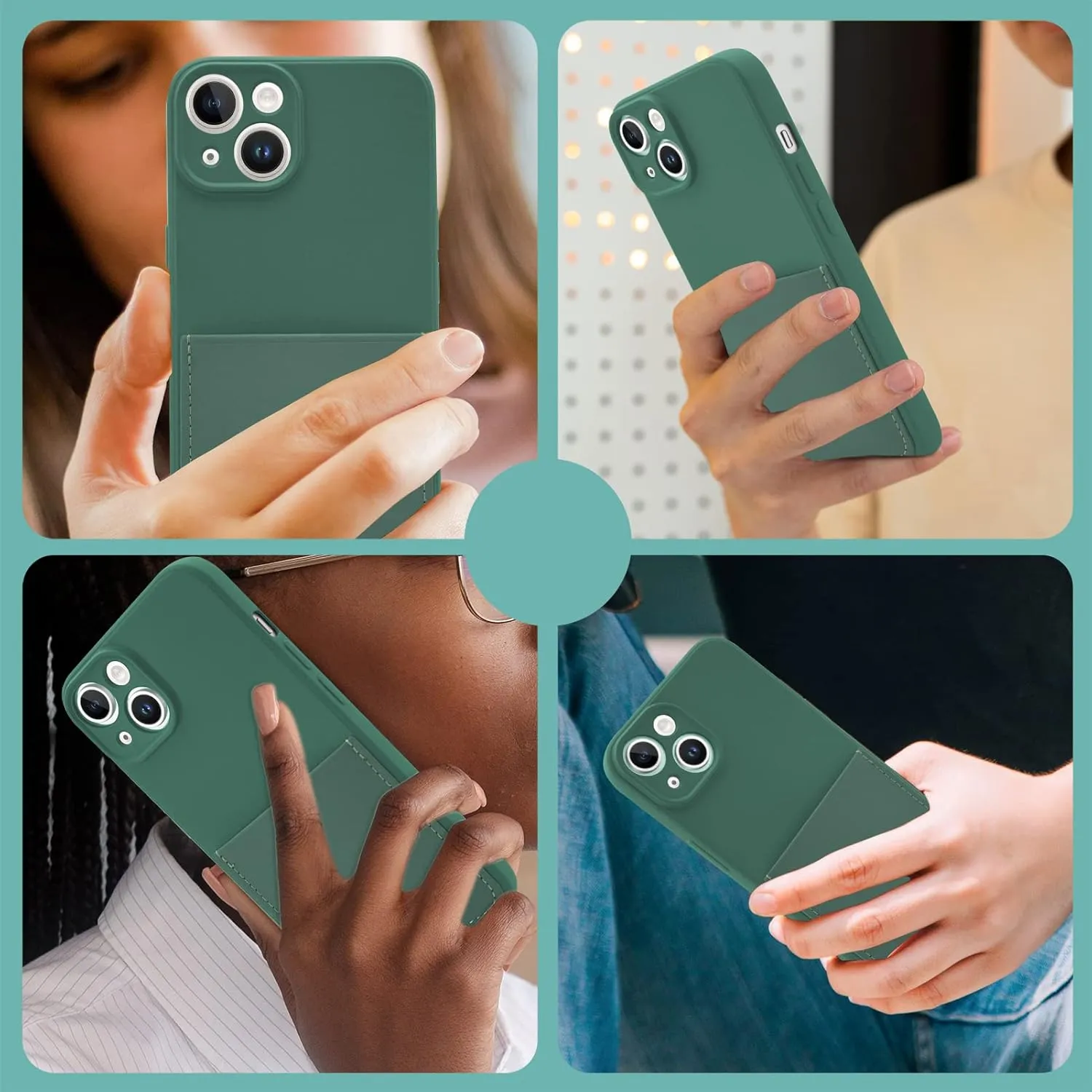 Silicone Wallet Phone Case for iPhone 14 6.1 Inch with Credit Card Holder Pocket, Full-Body Bumper Protection Camera Protect Case (Dark Green)
