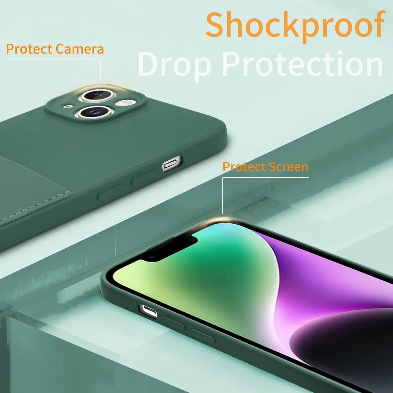 Silicone Wallet Phone Case for iPhone 14 6.1 Inch with Credit Card Holder Pocket, Full-Body Bumper Protection Camera Protect Case (Dark Green)