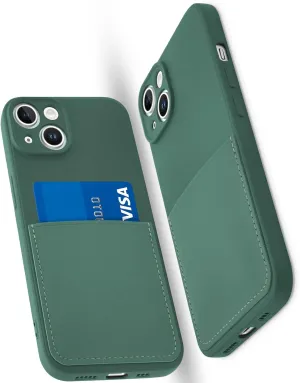 Silicone Wallet Phone Case for iPhone 14 6.1 Inch with Credit Card Holder Pocket, Full-Body Bumper Protection Camera Protect Case (Dark Green)