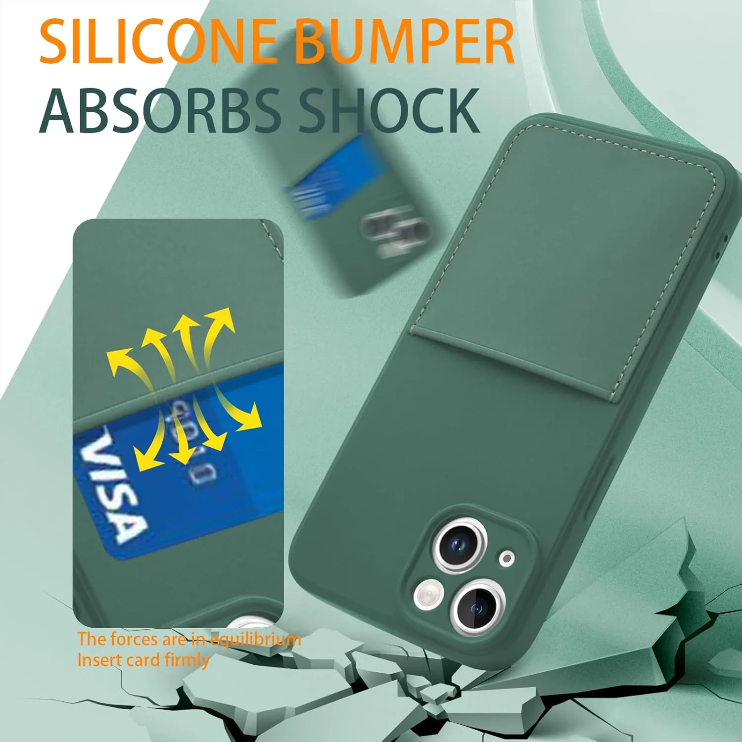 Silicone Wallet Phone Case for iPhone 14 6.1 Inch with Credit Card Holder Pocket, Full-Body Bumper Protection Camera Protect Case (Dark Green)