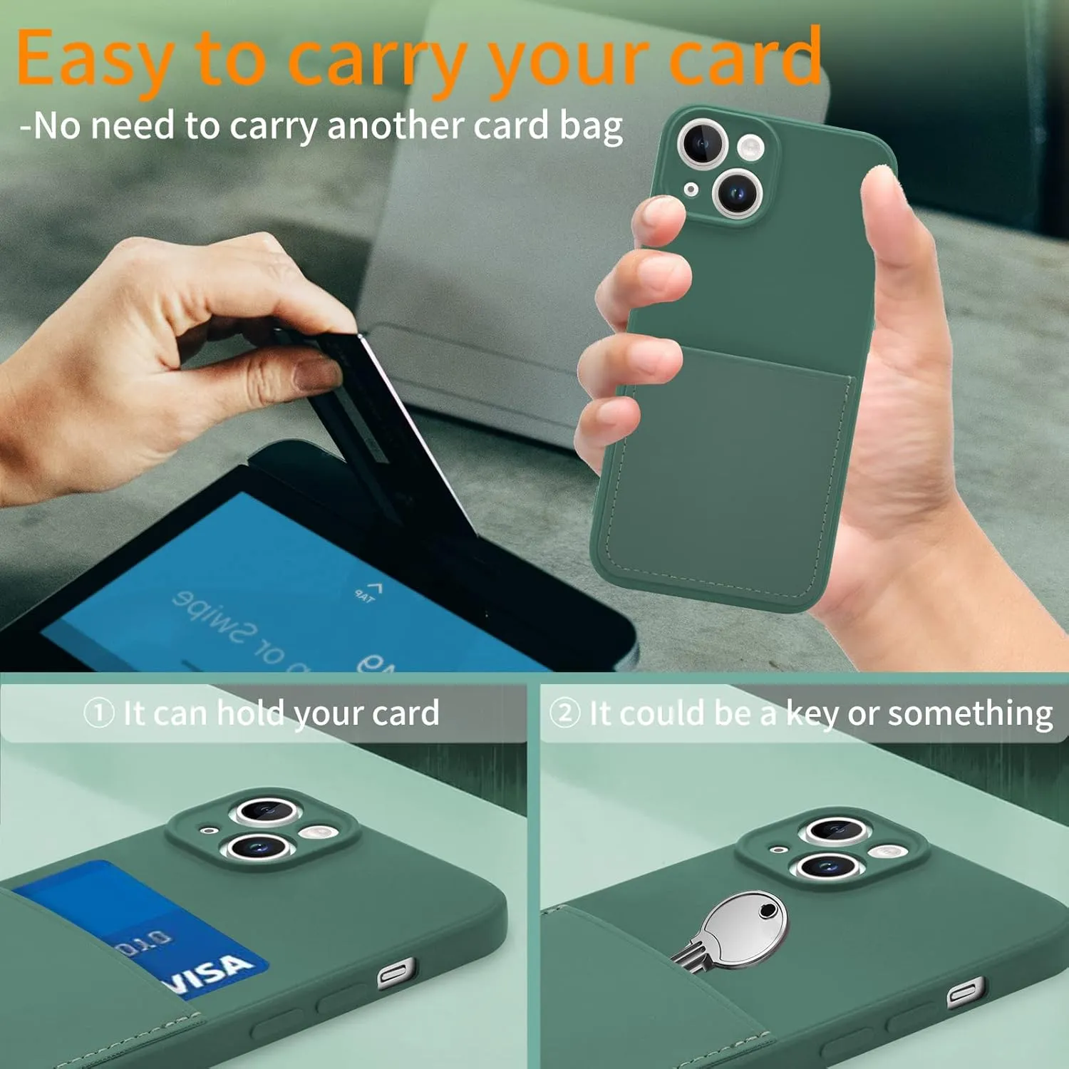 Silicone Wallet Phone Case for iPhone 14 6.1 Inch with Credit Card Holder Pocket, Full-Body Bumper Protection Camera Protect Case (Dark Green)