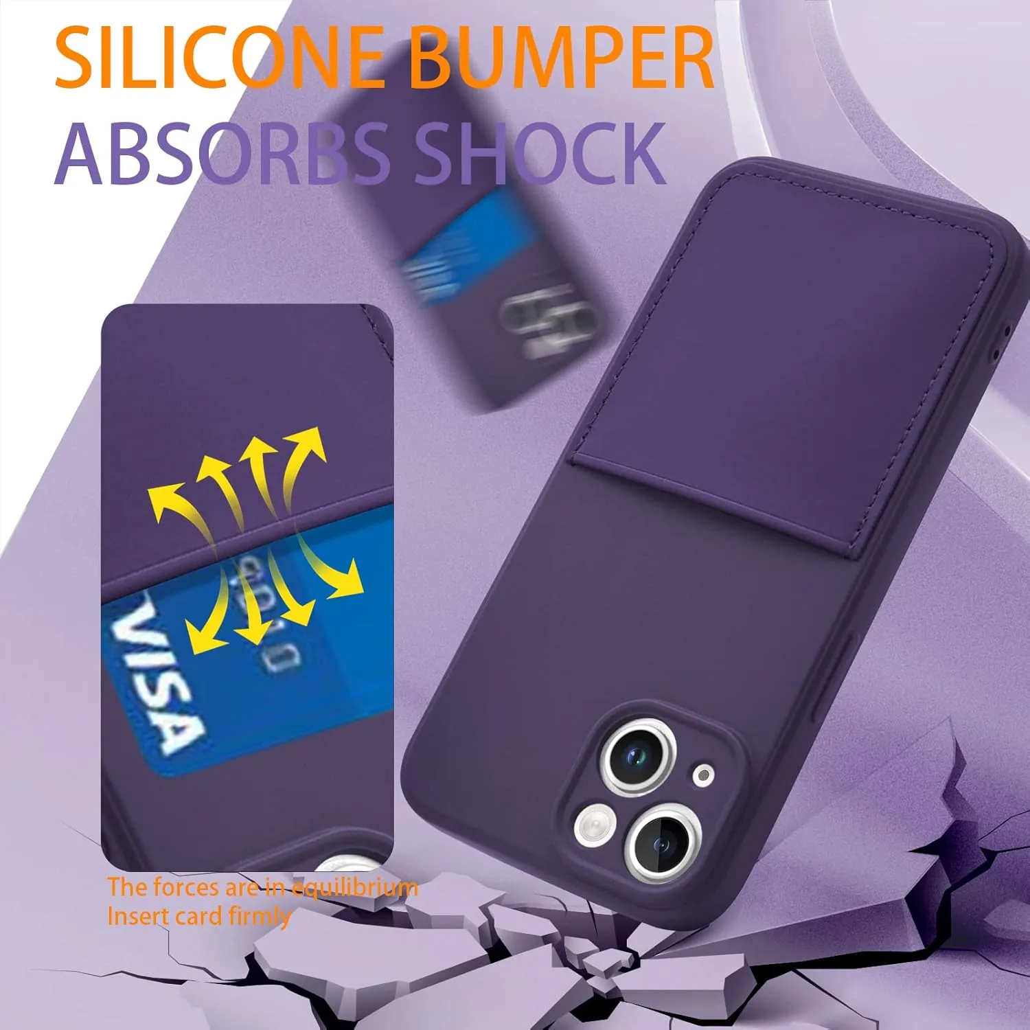 Silicone Wallet Phone Case for iPhone 14 6.1 Inch with Credit Card Holder Pocket, Full-Body Bumper Protection Camera Protect Case (Deep Purple)