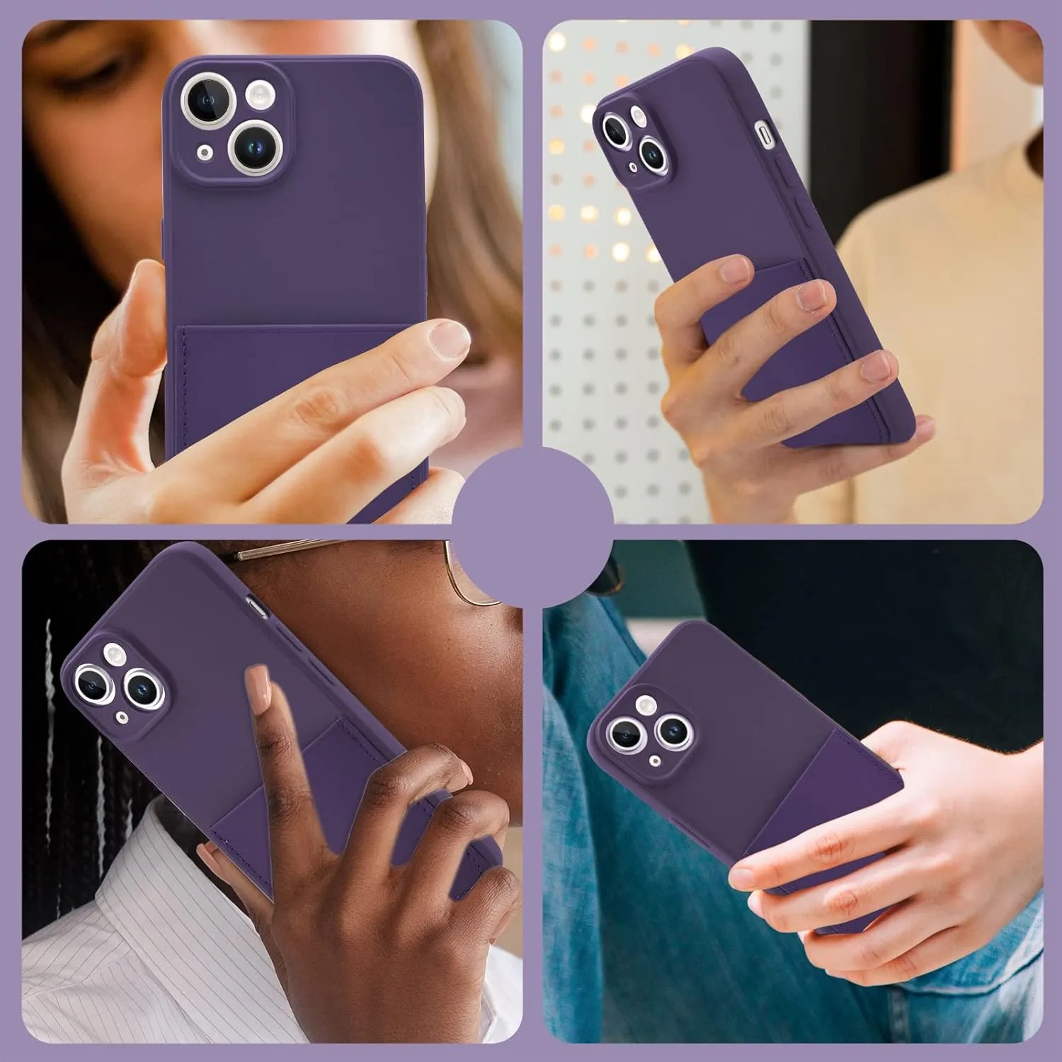 Silicone Wallet Phone Case for iPhone 14 6.1 Inch with Credit Card Holder Pocket, Full-Body Bumper Protection Camera Protect Case (Deep Purple)