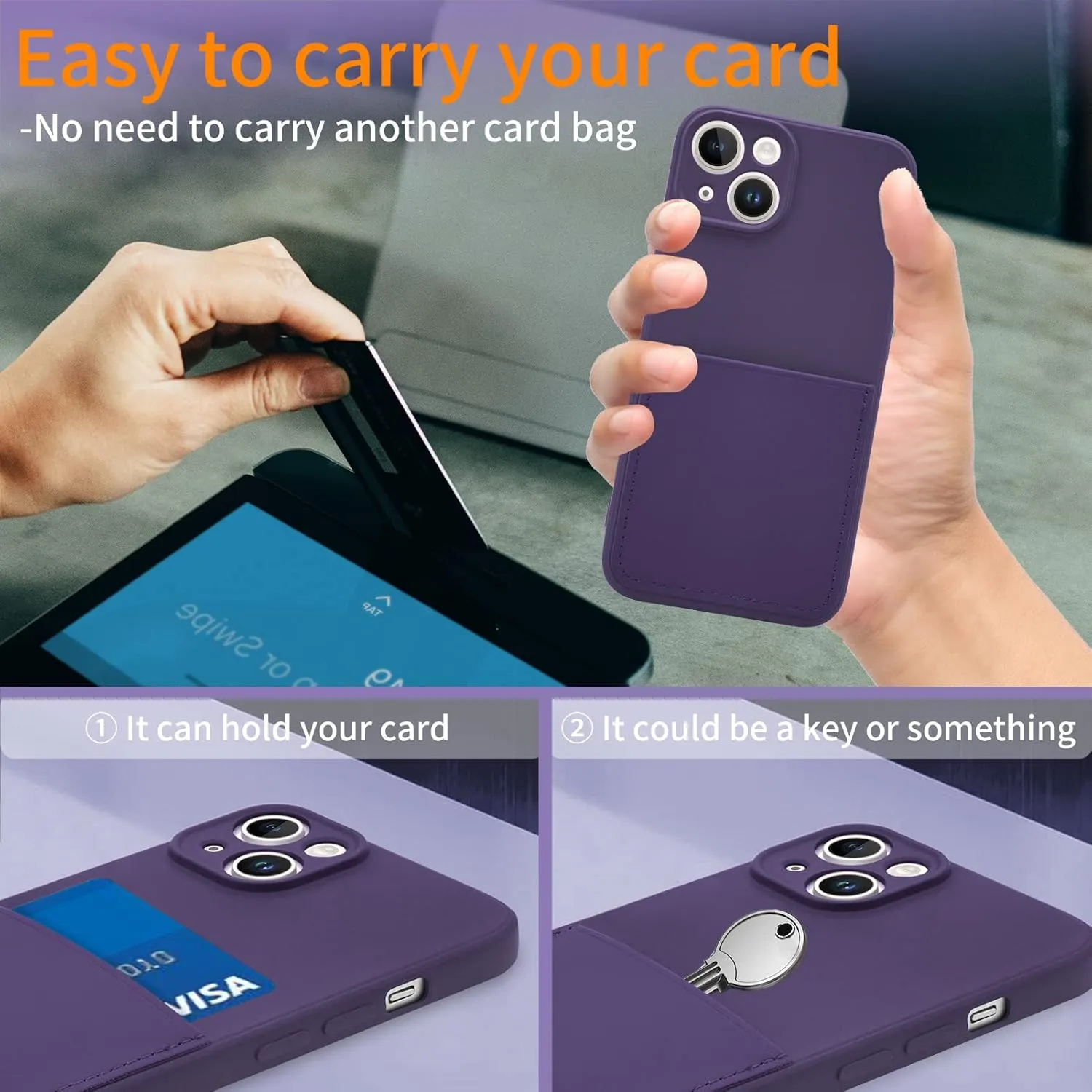 Silicone Wallet Phone Case for iPhone 14 6.1 Inch with Credit Card Holder Pocket, Full-Body Bumper Protection Camera Protect Case (Deep Purple)