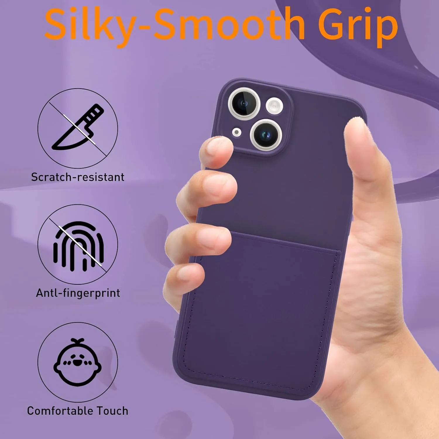 Silicone Wallet Phone Case for iPhone 14 6.1 Inch with Credit Card Holder Pocket, Full-Body Bumper Protection Camera Protect Case (Deep Purple)