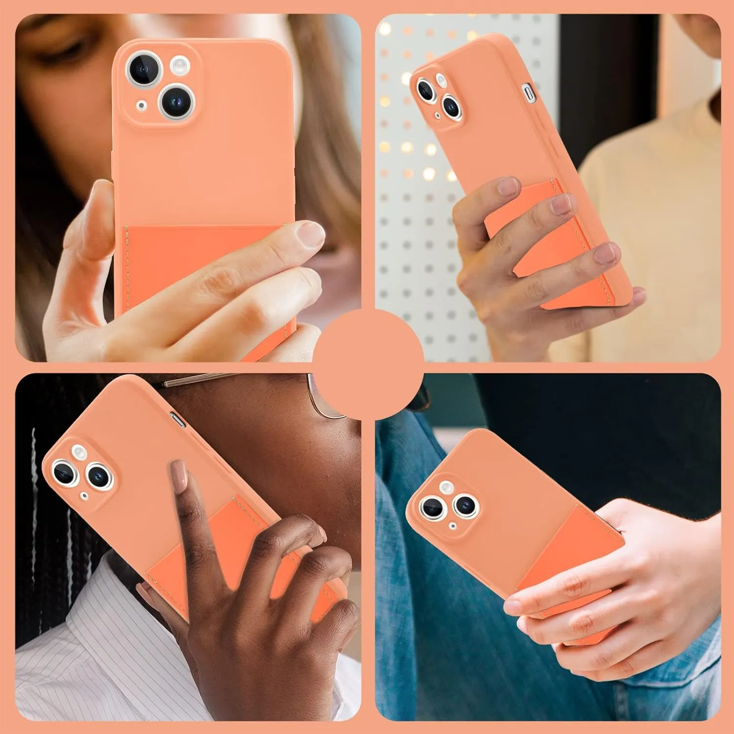 Silicone Wallet Phone Case for iPhone 14 6.1 Inch with Credit Card Holder Pocket, Full-Body Bumper Protection Camera Protect Case (Orange)