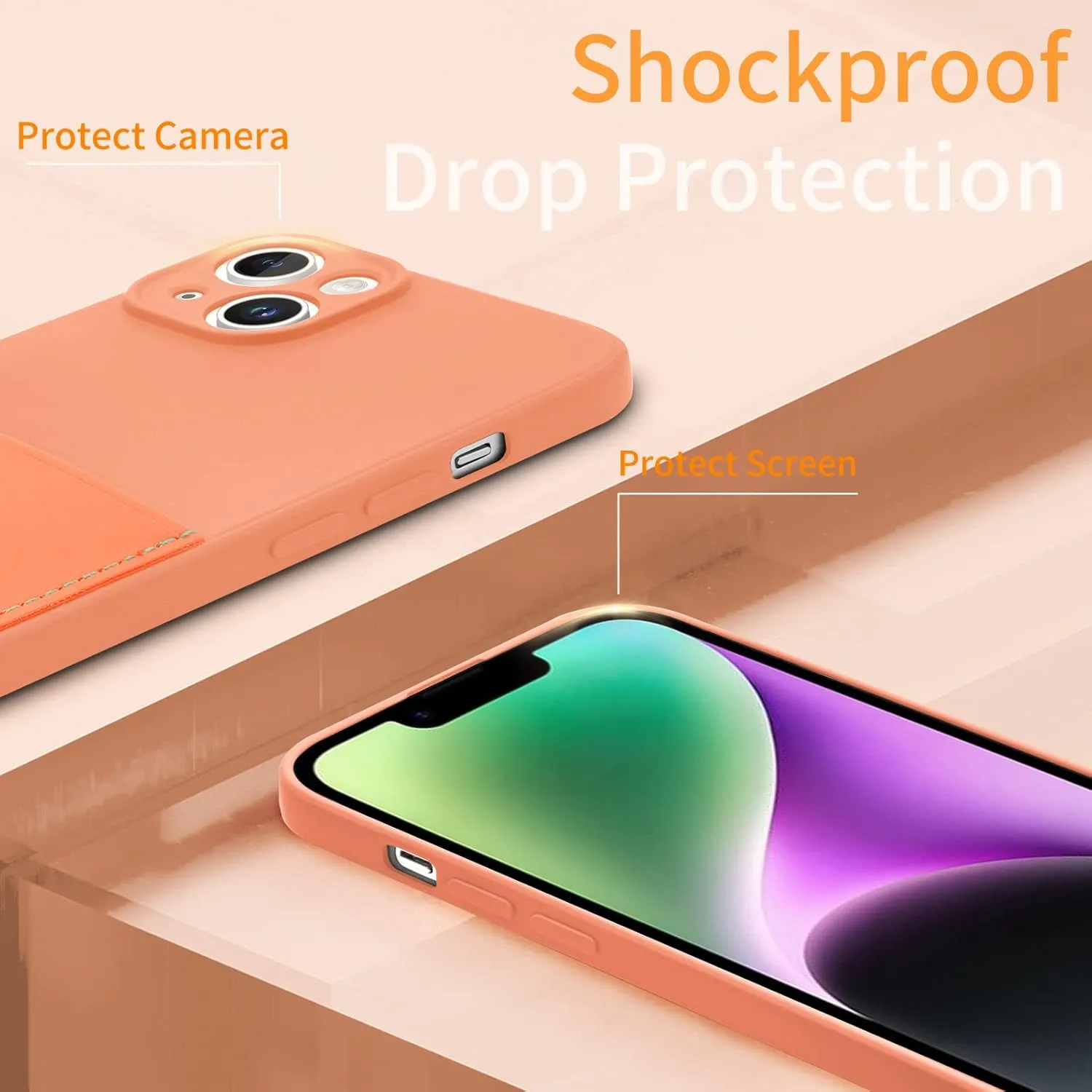 Silicone Wallet Phone Case for iPhone 14 6.1 Inch with Credit Card Holder Pocket, Full-Body Bumper Protection Camera Protect Case (Orange)