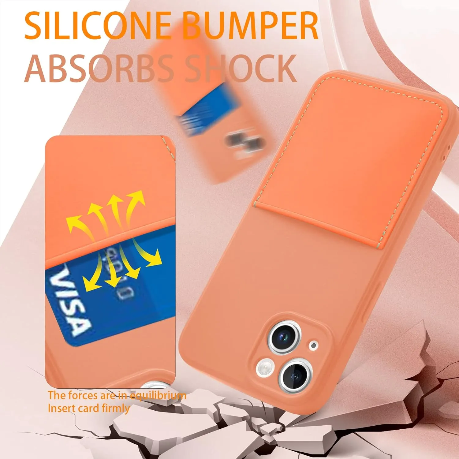 Silicone Wallet Phone Case for iPhone 14 6.1 Inch with Credit Card Holder Pocket, Full-Body Bumper Protection Camera Protect Case (Orange)