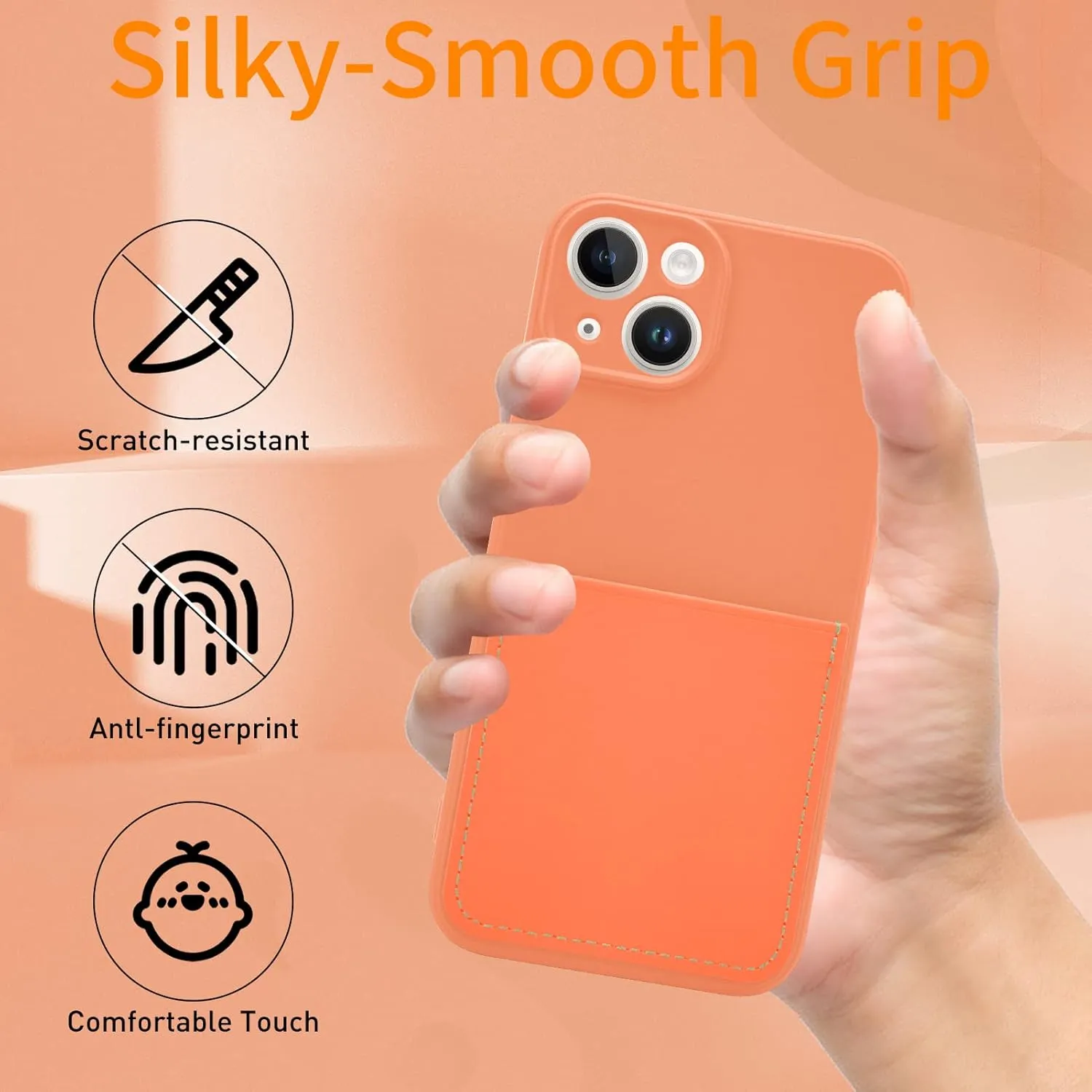 Silicone Wallet Phone Case for iPhone 14 6.1 Inch with Credit Card Holder Pocket, Full-Body Bumper Protection Camera Protect Case (Orange)