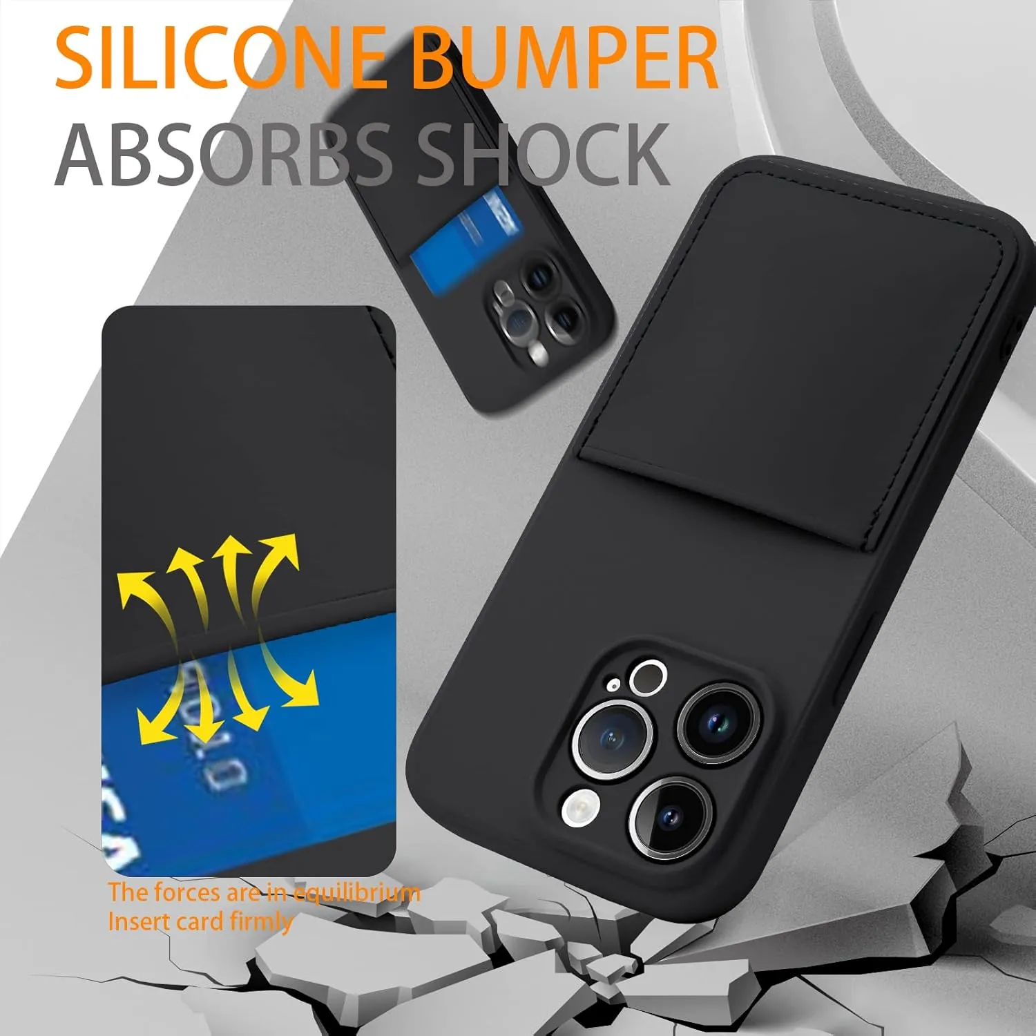 Silicone Wallet Phone Case for iPhone 15 Pro Max 6.7 Inch with Credit Card Holder Pocket, Full-Body Bumper Protection Camera Protect Case (Black)