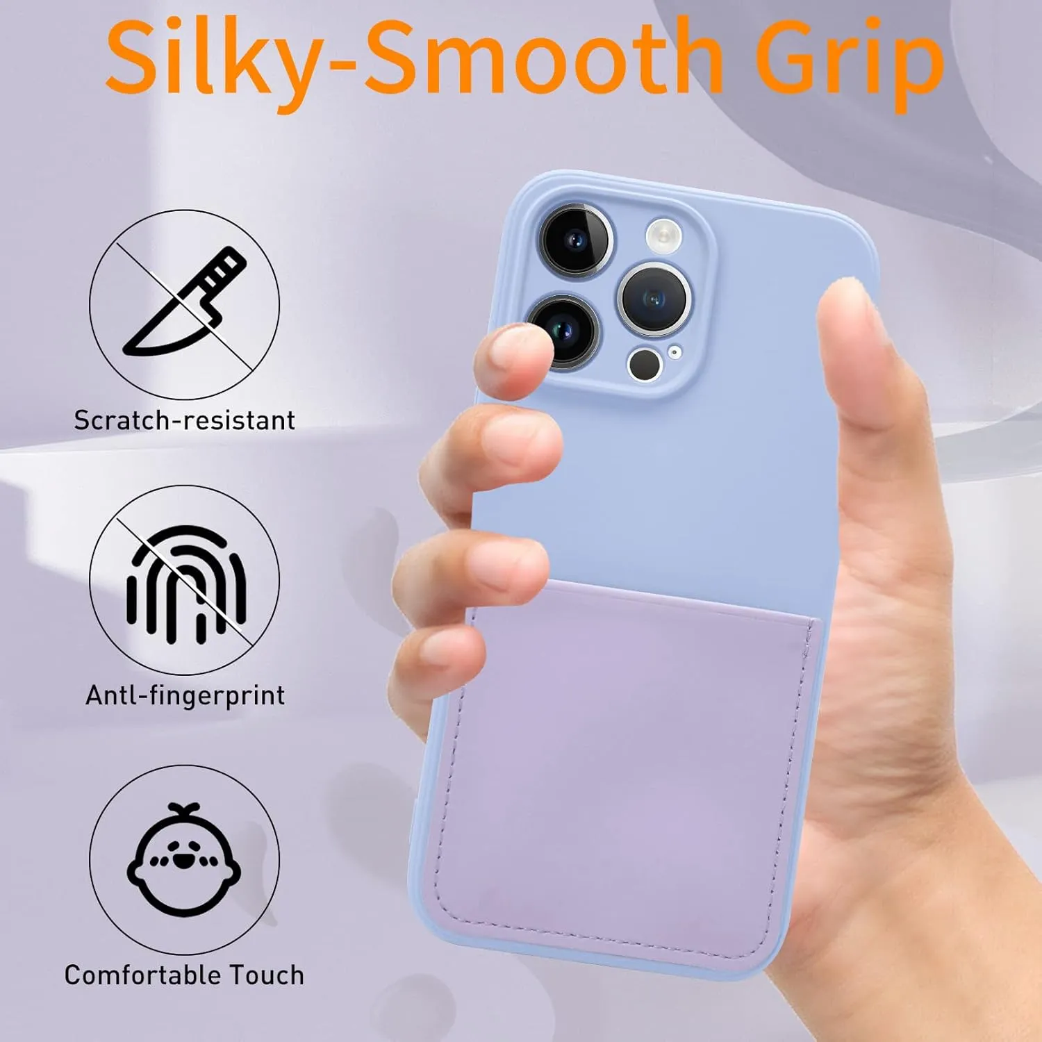 Silicone Wallet Phone Case for iPhone 15 Pro Max 6.7 Inch with Credit Card Holder Pocket, Full-Body Bumper Protection Camera Protect Case (Light Purple)